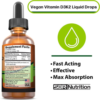 SBR Nutrition Vegan Vitamin D3 + K2 (MK-7) Liquid Drops with MCT Oil, Peppermint Flavour