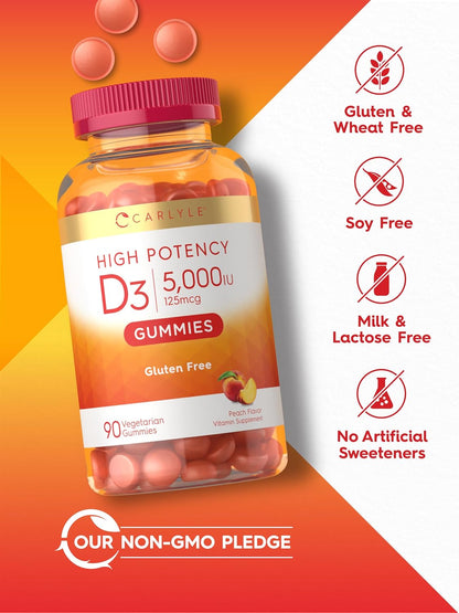 Carlyle Vitamin D3 Gummies 5000 IU (125 mcg) – 90 Count, Peach Flavour, Vegetarian & Non-GM