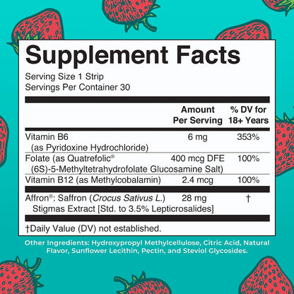 Mood & Cognition Dissolving Strips by MaryRuth's | Vitamin B12 | Vitamin B6 | Saffron | Folate | B Vitamins | Sugar Free | Strawberry Flavour | Vegan | Gluten-free | Dairy-free | 30 Strips