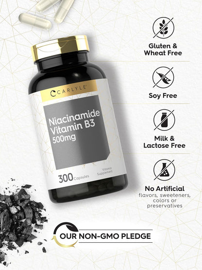 Carlyle Niacinamide 500 mg – 300 Capsules | Vitamin B3 Supplement