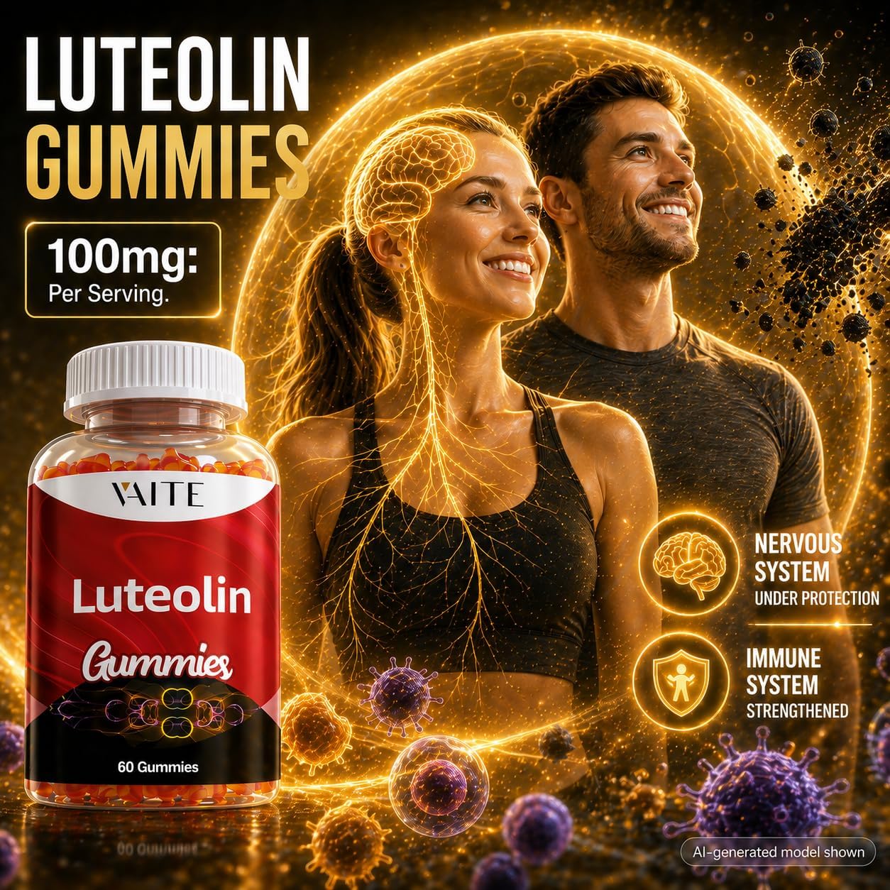 VAITE Luteolin 100mg Gummies – Vegan, Non-GMO, Sugar-Free – Antioxidant Supplement for Daily Vitality – 60 Chewable Gummies - görsel 6