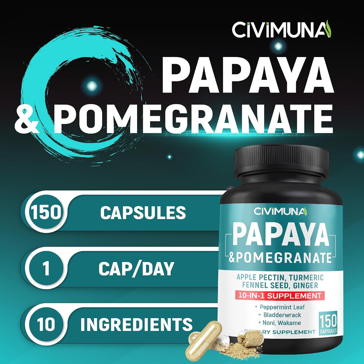 CIVIMUNA Papaya Capsules with Papaya, Pomegranate, Apple Pectin and More - 150 Capsules for 5 Months Supply - görsel 2