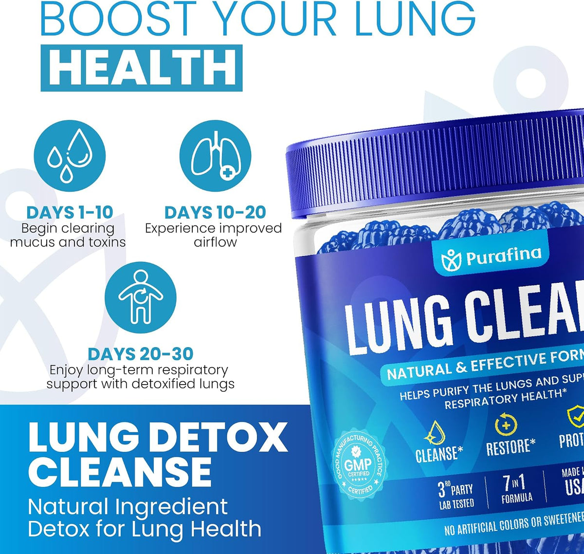 Purafina Lung Cleanse Gummies - 7-in-1 Respiratory and Lung Health Support with Organic Mullein Leaf Extract, Quercetin, Nettle Root, Boswellia, Bromelain - Non-GMO (60 Gummies) - görsel 5