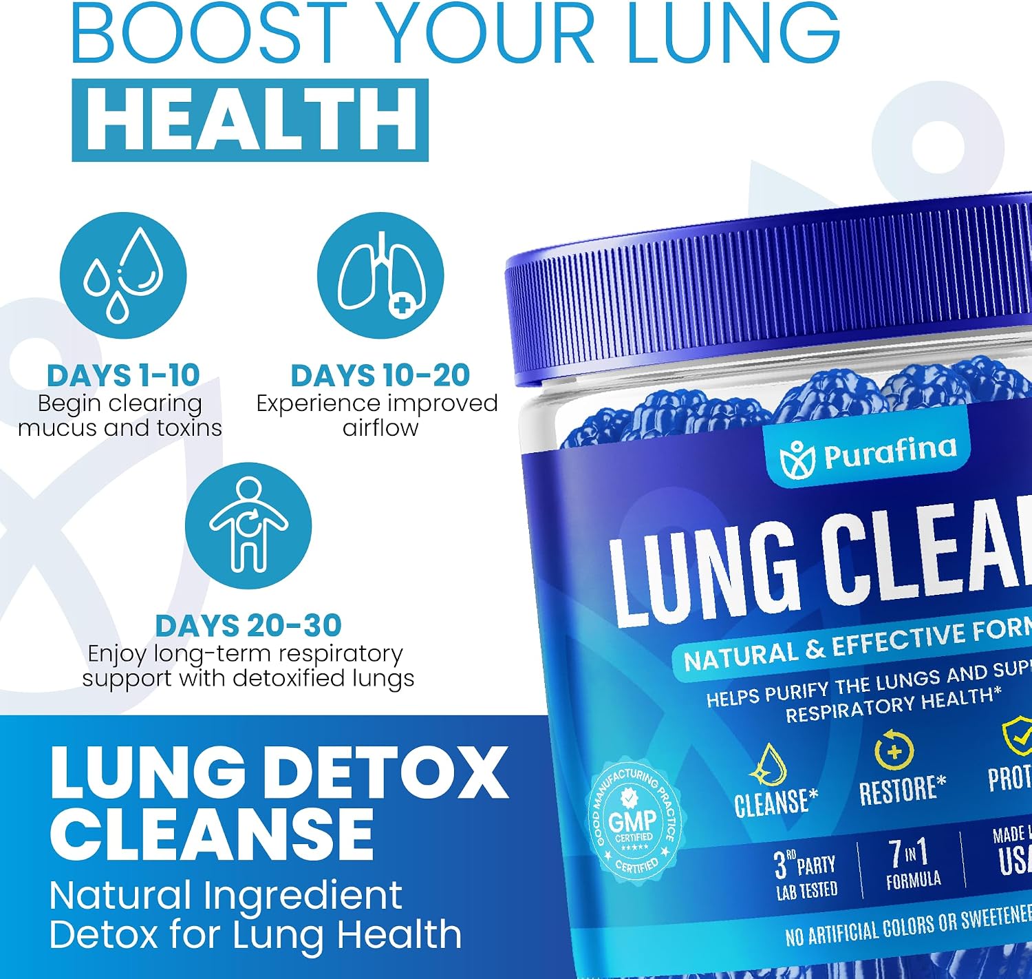 Purafina Lung Cleanse Gummies - 7-in-1 Respiratory and Lung Health Support with Organic Mullein Leaf Extract, Quercetin, Nettle Root, Boswellia, Bromelain - Non-GMO (60 Gummies) - görsel 5