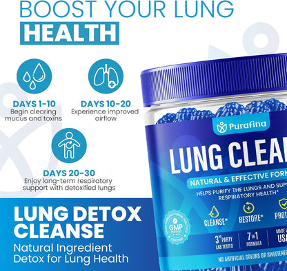 Purafina Lung Cleanse Gummies - 7-in-1 Respiratory and Lung Health Support with Organic Mullein Leaf Extract, Quercetin, Nettle Root, Boswellia, Bromelain - Non-GMO (60 Gummies)