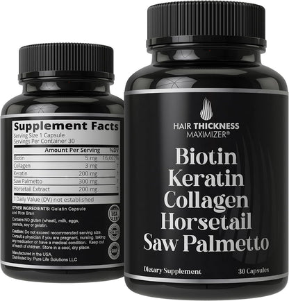 Hair Thickness Maximiser 5-in-1 Hair Support Supplement – Biotin 5000mcg with Keratin, Collagen, Horsetail & Saw Palmetto