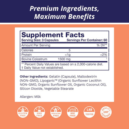 Life's Fortune Liposomal Bovine Colostrum Capsules – Immune Support, Gut Health, Muscle Wellness – 180 Capsules, 1500 mg