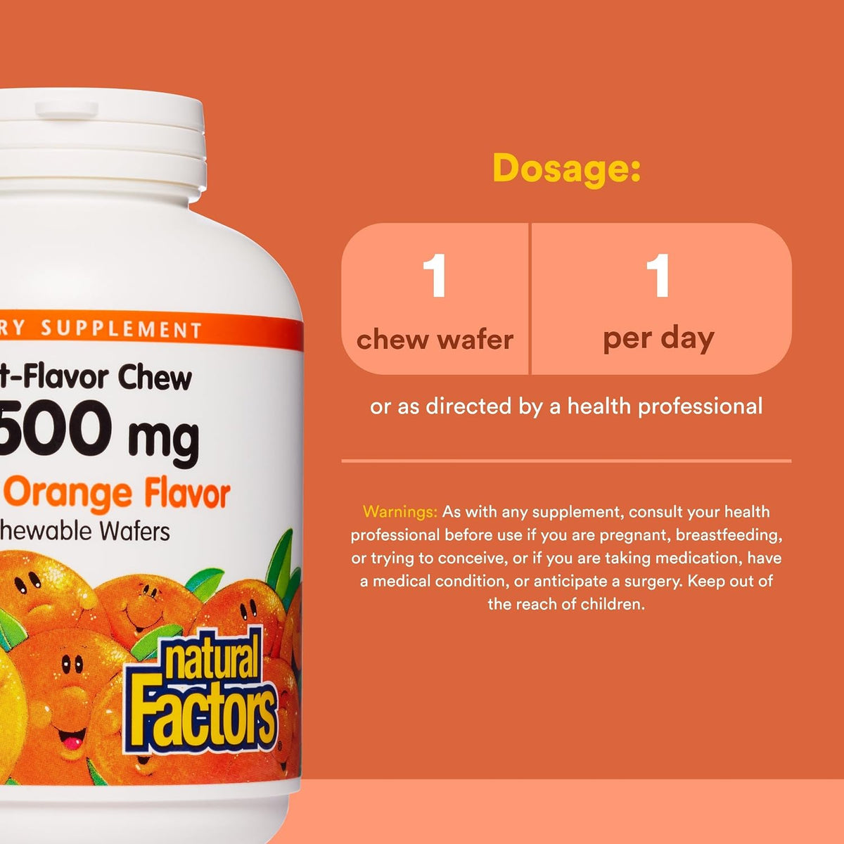 Natural Factors Kids Chewable Vitamin C 500 mg – Tangy Orange – 180 Chewable Wafers - görsel 3