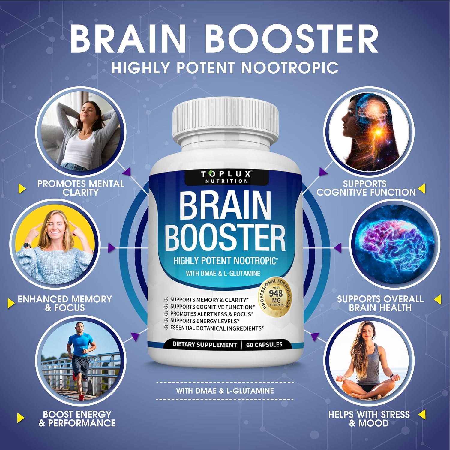 Toplux Brain Supplement Nootropic – DMAE, Bacopa Monnieri, L-Glutamine, 60 Capsules - görsel 2