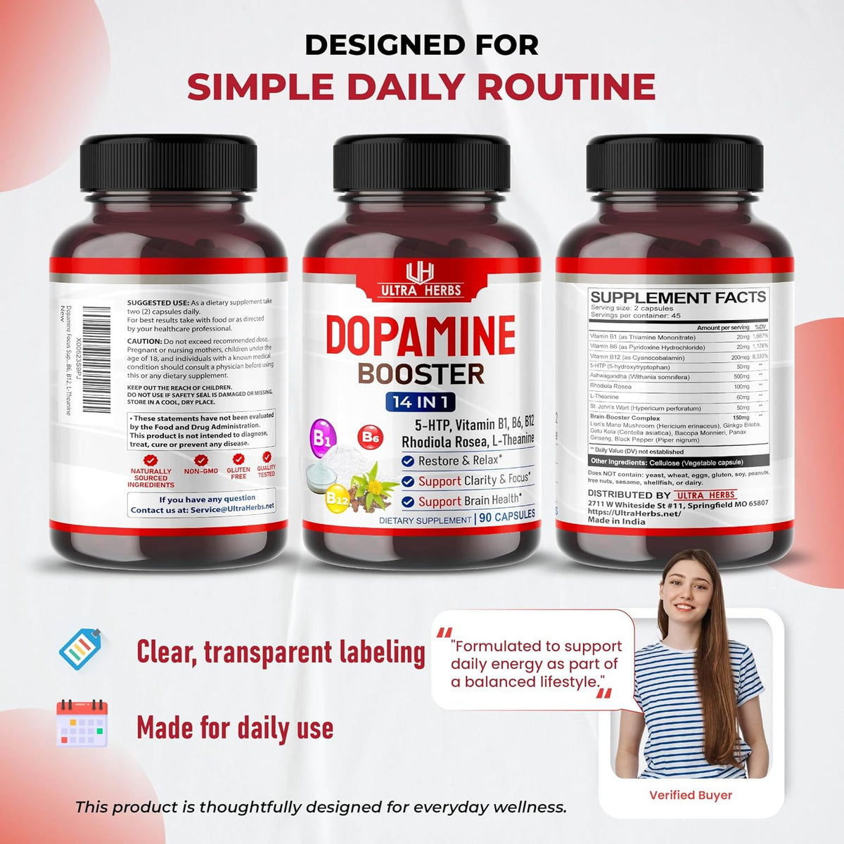 Dopamine Focus Supplement – Ashwagandha, 5-HTP, Rhodiola Rosea, St John's Wort – Support Memory, Clarity, Focus & Relaxation with B1, B6, B12, L-Theanine – 90 Capsules - görsel 9