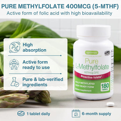 Igennus Pure Methyl Folate 400 mcg, 180 Tablets – Bioactive L-Methylfolate (Vitamin B9) – Vegan, Suitable During Pregnancy