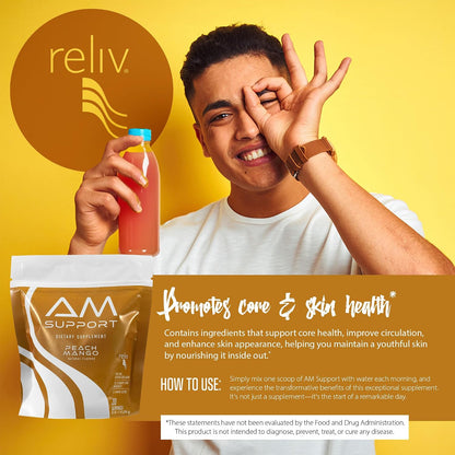 Reliv AM Support Morning Nutrition Drink Mix – Zero Calorie GLP-1 Nutritional Support with Vitamins, Minerals, Amino Acids, Prebiotic Fibre, Baobab, Ginseng & Marine Collagen - Peach & Mango - 30 Servings