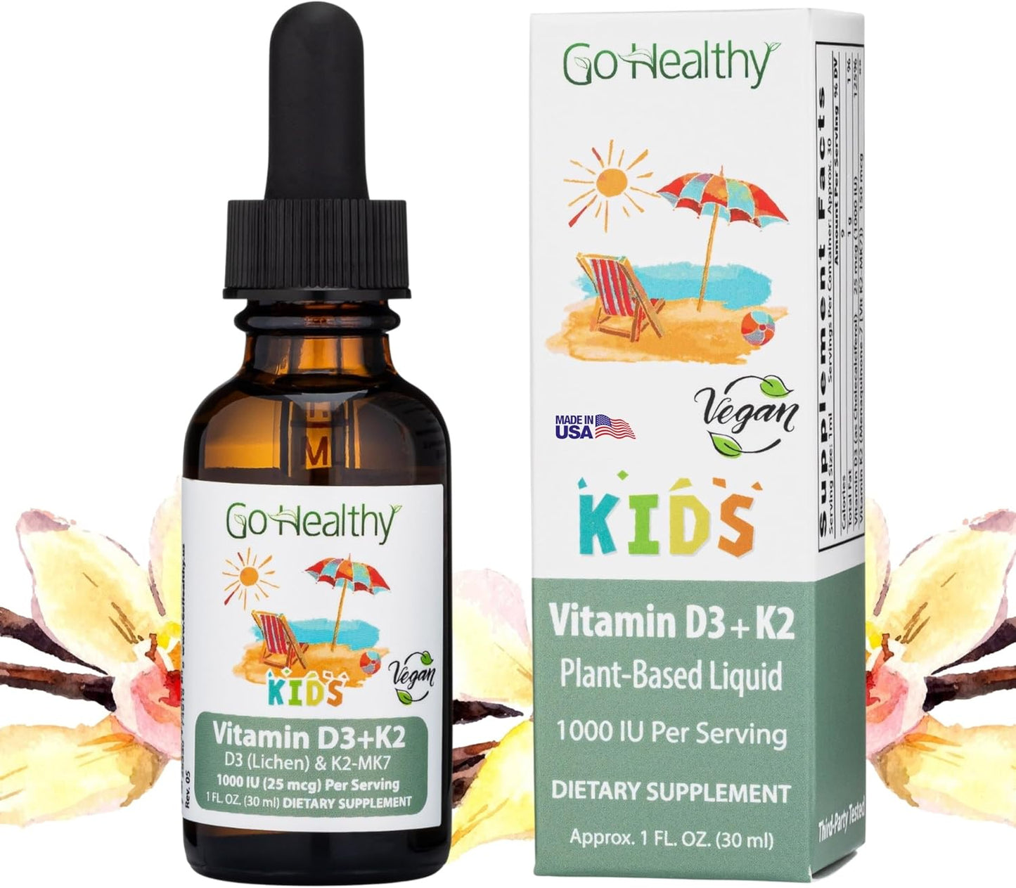 Go Healthy Kids D3 K2 (MK-7) Liquid Drops - Sugar-Free, Vanilla Flavour, 30 Servings - görsel 1