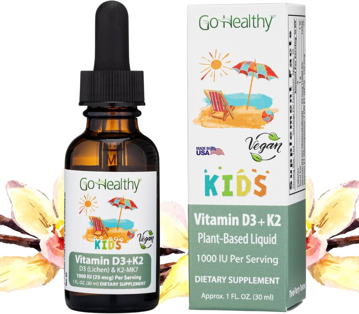 Go Healthy Kids D3 K2 (MK-7) Liquid Drops - Sugar-Free, Vanilla Flavour, 30 Servings - görsel 1