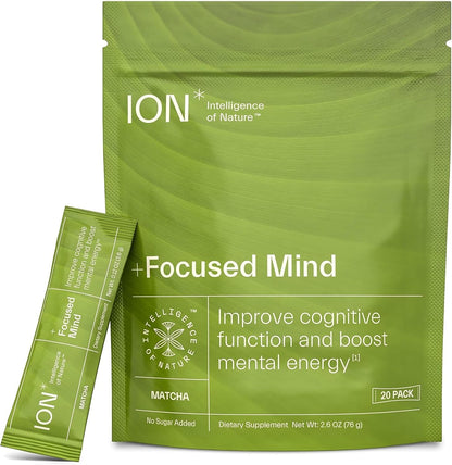 ION* Focused Mind Nootropic Powder Drink Mix - Matcha & Adaptogen Blend for Memory, Focus & Relaxation - 20 Sachets