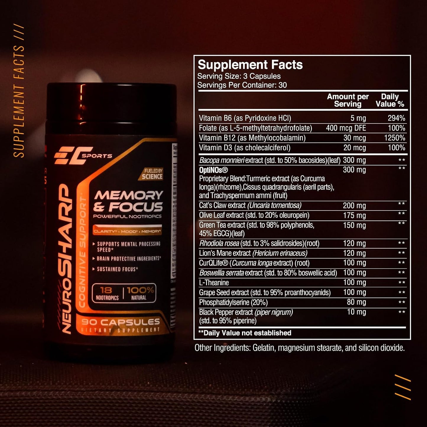 EC Sports NeuroSharp Powerful Nootropic Supplement for Focus, Faster Processing, Instant Positive Energy & Performance, Memory & Cognitive Support w/ 18 Nootropics - 90 Capsules - görsel 4
