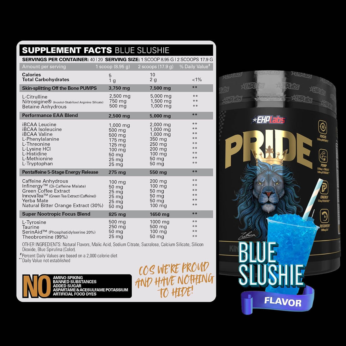 EHP Labs Pride Pre Workout Powder - Sugar Free Preworkout for Men & Women, 280mg Caffeine, BCAA, Blue Slushie (40 Servings) - görsel 3