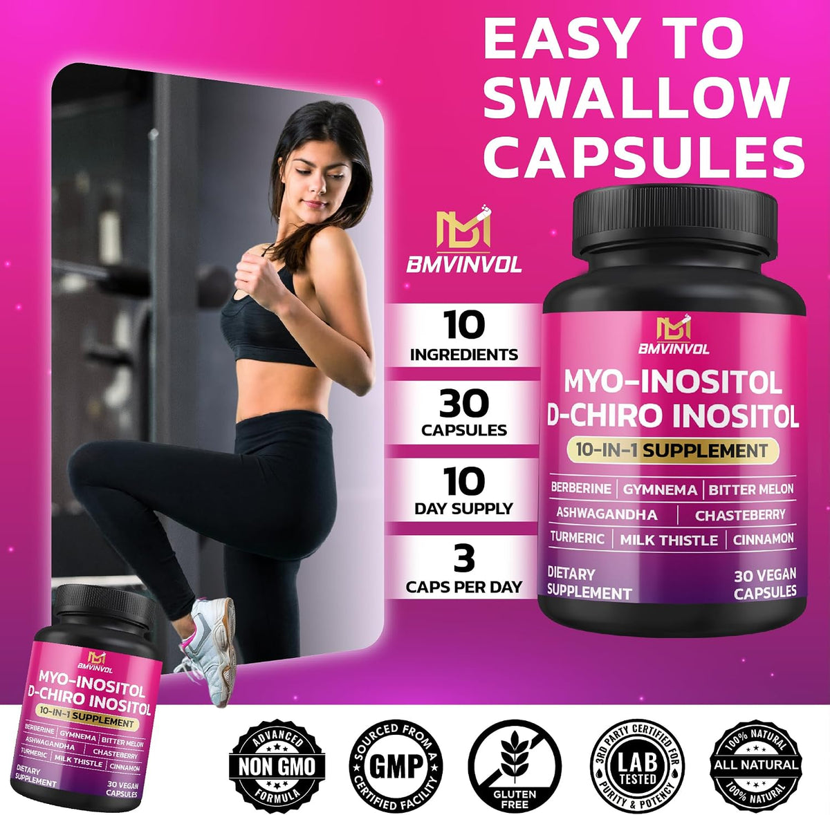 BMVINVOL Inositol Supplement - Myo-Inositol and D-Chiro Inositol (40:1 Ratio) with Berberine, Cinnamon, Ashwagandha, and More - 30 Capsules - görsel 6