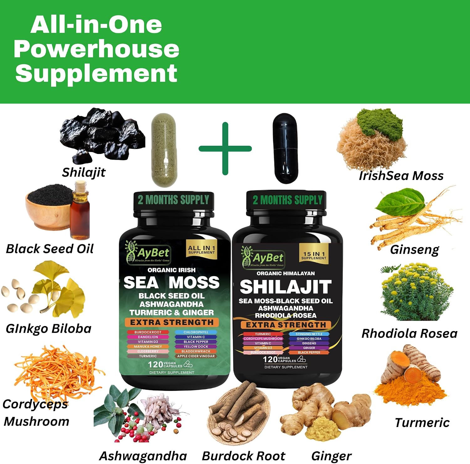 AyBet Sea Moss & Shilajit Supplement Combo – Herbal Formula with Black Seed Oil, Ashwagandha, Rhodiola, Turmeric, Ginger – 240 Vegan Capsules - görsel 2