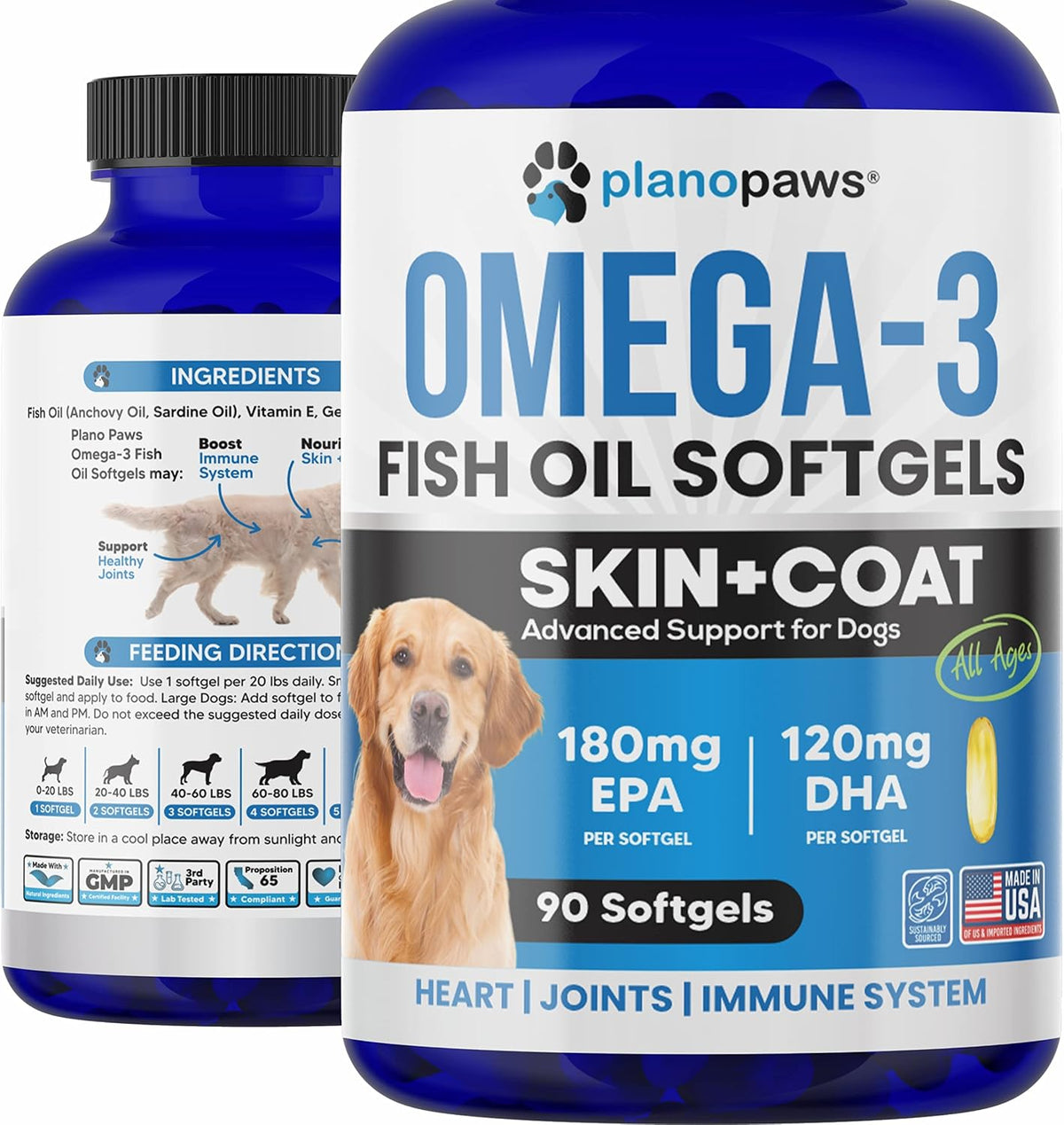 Planopaws Omega-3 Fish Oil for Dogs – Salmon Oil Soft gel capsules with EPA & DHA for Skin, Coat and Joint Support (90 Soft gel capsules) - görsel 1