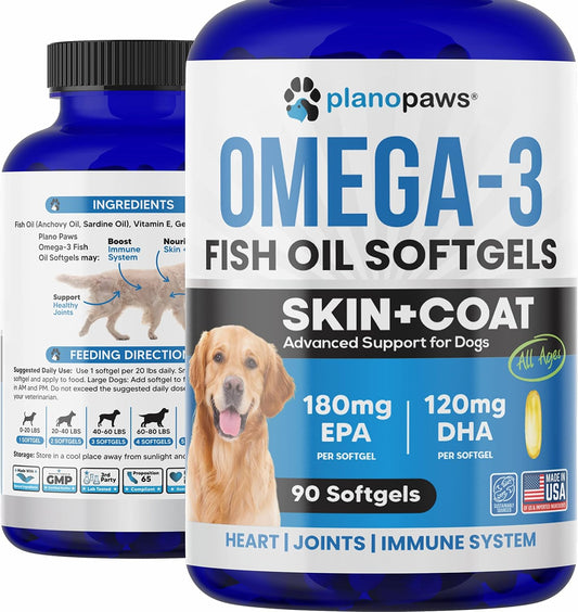 Planopaws Omega-3 Fish Oil for Dogs – Salmon Oil Soft gel capsules with EPA & DHA for Skin, Coat and Joint Support (90 Soft gel capsules)