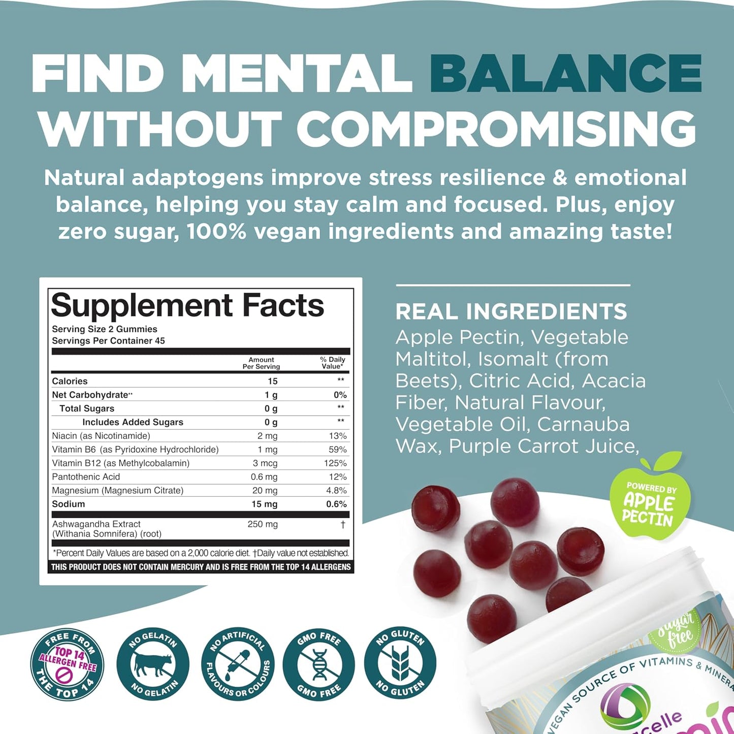NUTRAMIN Mood Boost Multivitamin Gummy - Anti-Stress Magnesium Ashwagandha + B Complex - Sugar-Free, Vegan, Gluten-Free (90 Count) - görsel 3