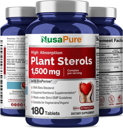 NusaPure Plant Sterols 1500 mg with Beta Sitosterol and Bioperine - 180 Veg Tablets, Non-GMO, Vegan