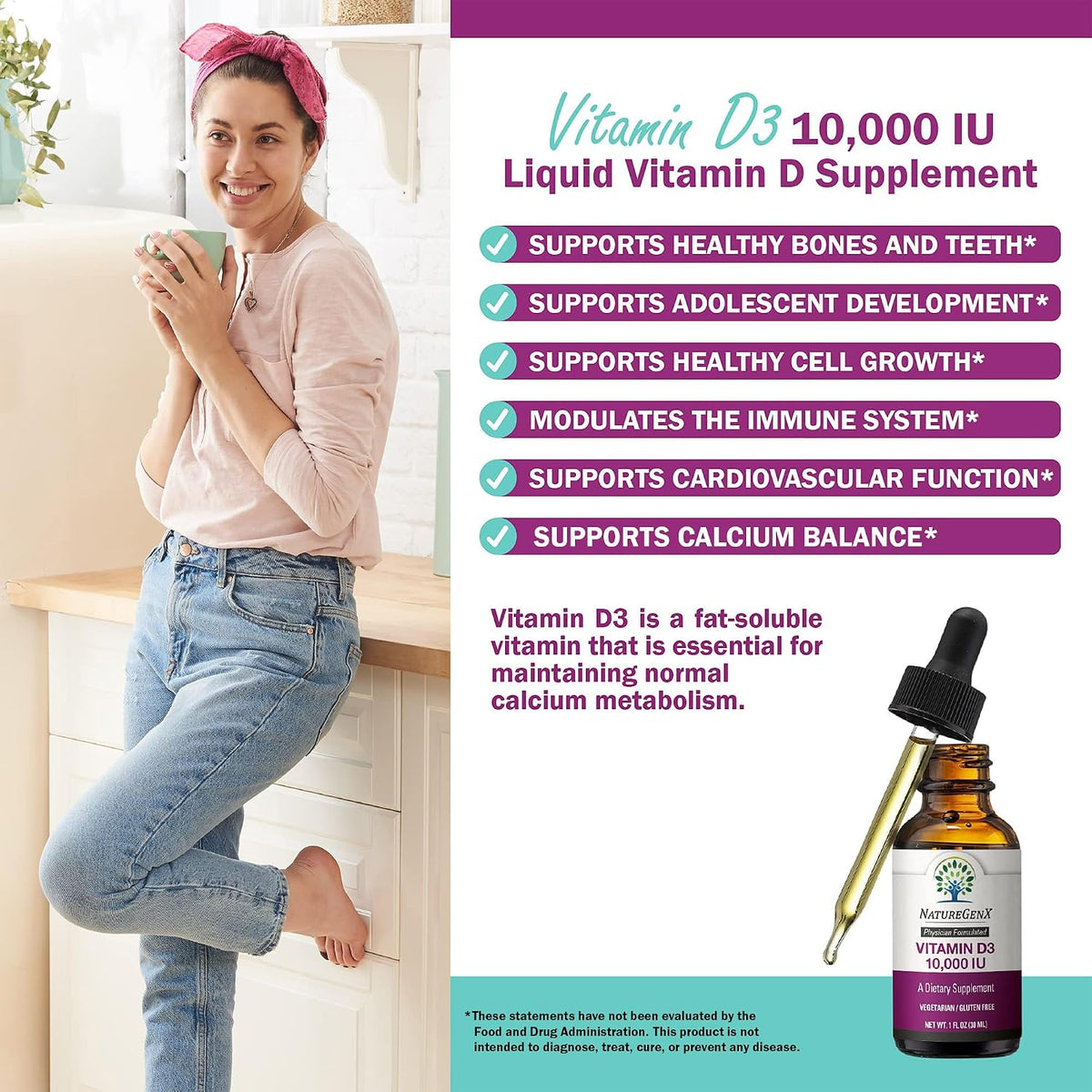 NatureGenX Vitamin D3 Liquid Drops – Immune System Support & Bone Health for Adults – Vegan, Non-GMO, Gluten-Free – 30ml (1-Month Supply) - görsel 3