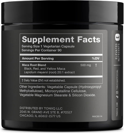 Toniiq Maca Root Ultra High Potency 20:1 Extract - Black, Red and Yellow Maca Complex - 90 Capsules