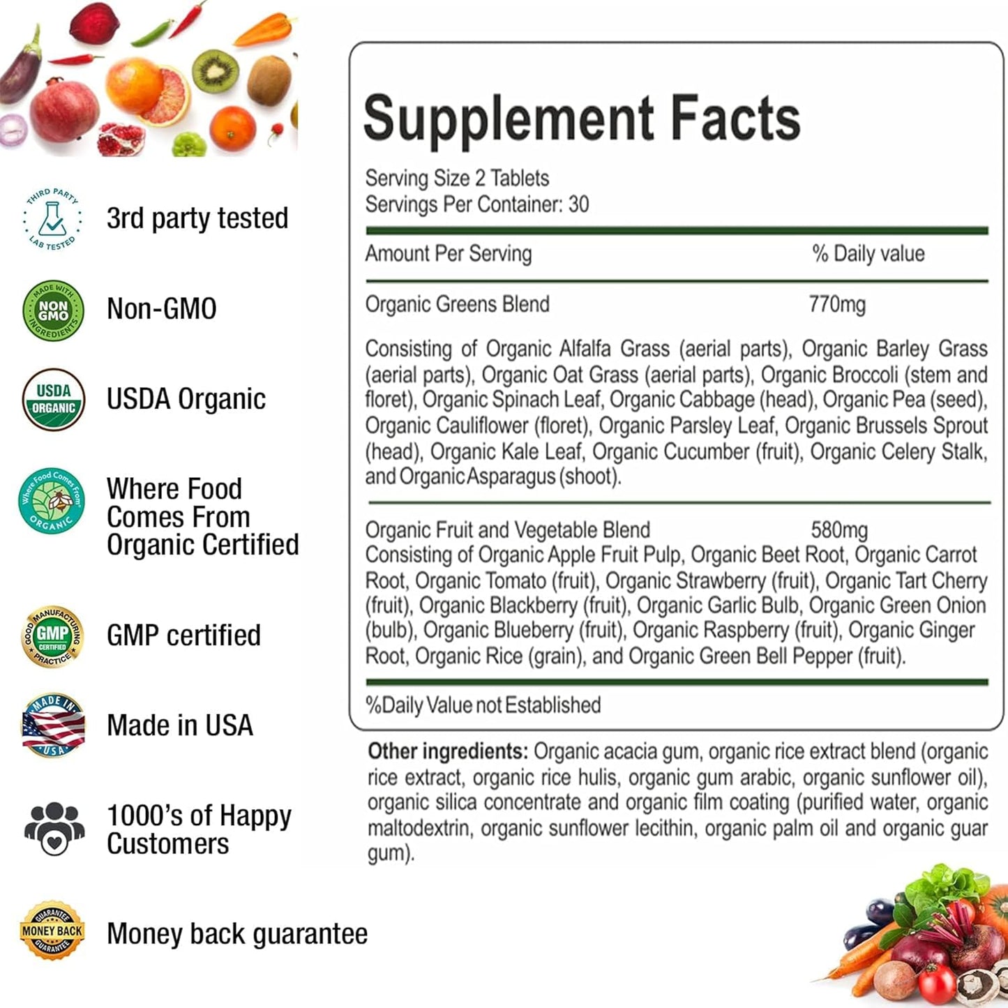 Organic Superfood Greens Fruits and Veggies Complex - 14 Greens & 14 Vegetables with Alfalfa - Non-GMO (120 Count, Pack of 2) - görsel 5