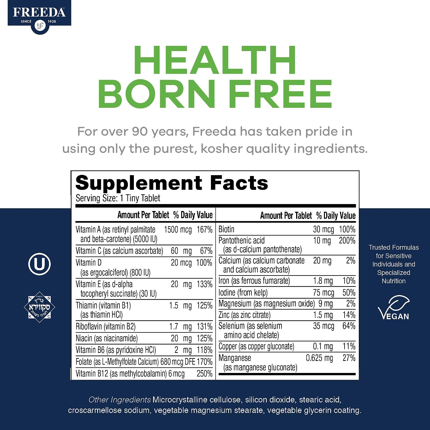 Freedavite Tiny Tablet - Moderate Multivitamin for Men and Women - Pure Vitamin A, C, D, E, B1, B2, B6, B12, Biotin, Calcium, Zinc, Iron, Magnesium, Manganese, Copper, Selenium, Iodine - 250 Tablets - görsel 4