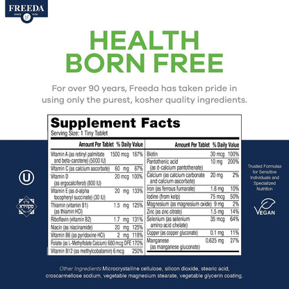 Freedavite Tiny Tablet - Moderate Multivitamin for Men and Women - Pure Vitamin A, C, D, E, B1, B2, B6, B12, Biotin, Calcium, Zinc, Iron, Magnesium, Manganese, Copper, Selenium, Iodine - 250 Tablets