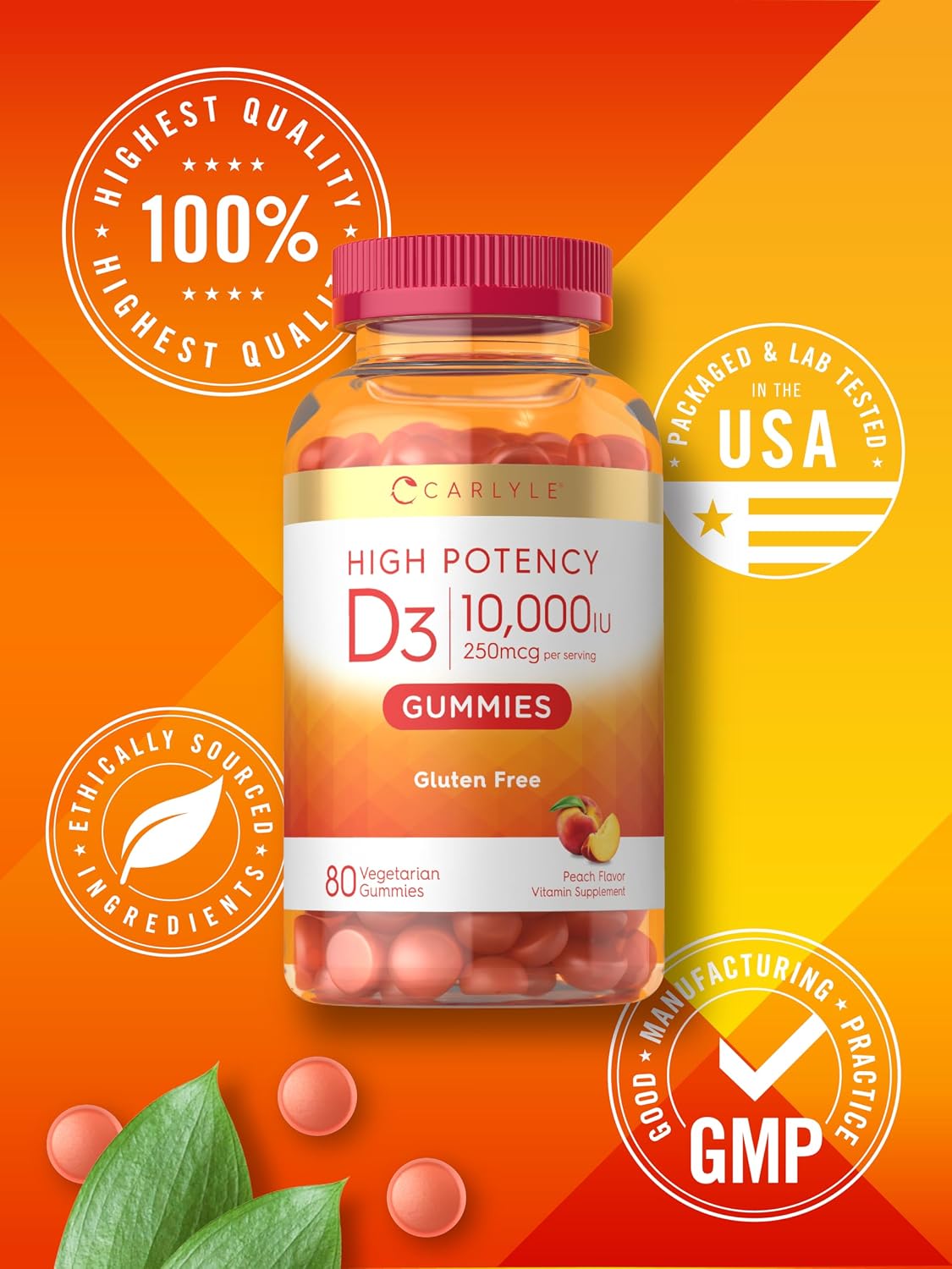 Carlyle Vitamin D3 10000 IU Gummies for Adults - 80 Count, Peach Flavoured, High Potency, Vegetarian, Non-GMO, Gluten-free - görsel 6