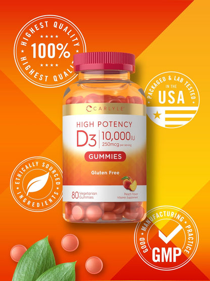 Carlyle Vitamin D3 10000 IU Gummies for Adults - 80 Count, Peach Flavoured, High Potency, Vegetarian, Non-GMO, Gluten-free