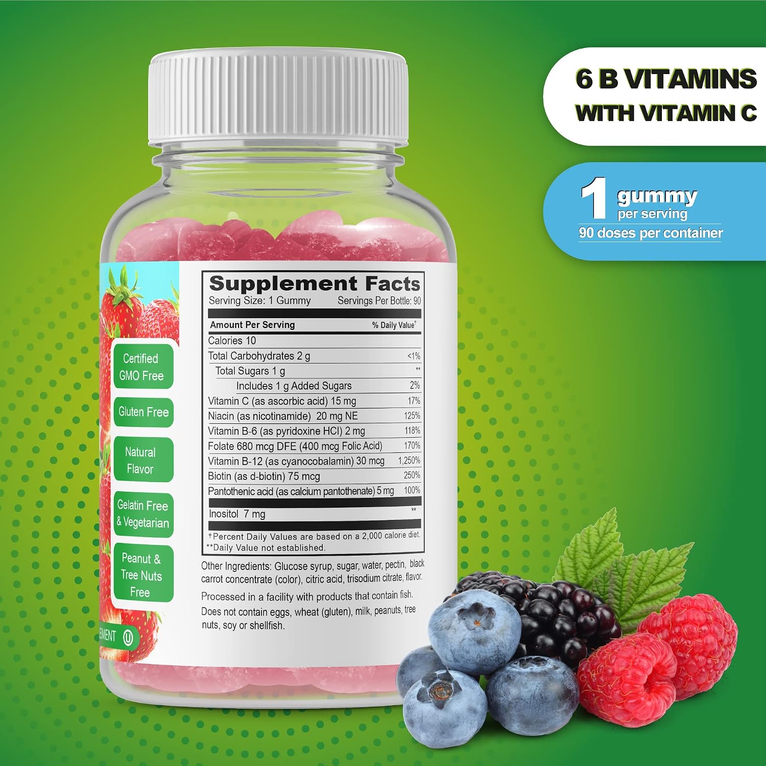 Vitamin B Complex Gummies - Vegan, Non-GM, Gluten-Free, Strawberry Flavour - 90 Gummies - görsel 2