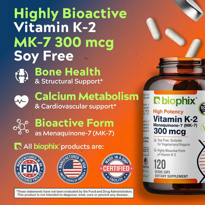biophix Vitamin K2 MK-7 300mcg, 120 Vegan Capsules – High-Strength Supplement for Bone Strength and Immune Health