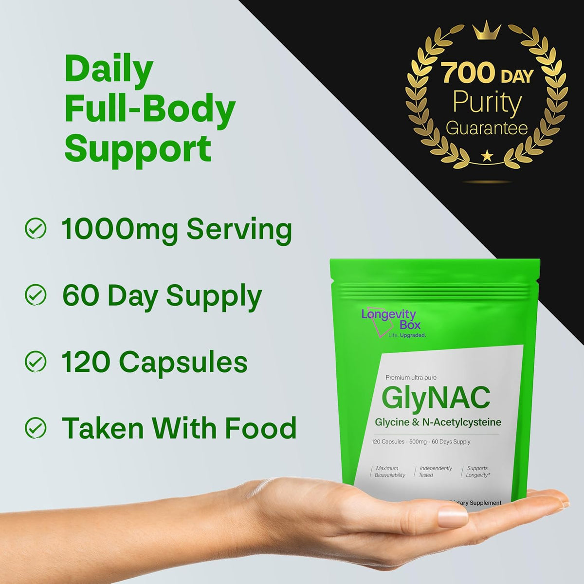 Ultra Pure GlyNAC Supplement 1000mg (500mg Glycine + 500mg N-Acetyl Cysteine) - Glutathione Precursor for Healthy Ageing, Energy & Cellular Protection - 120 Vegan Capsules - görsel 3