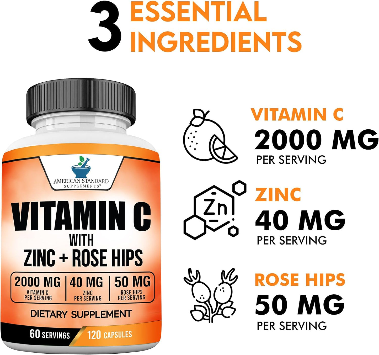 American Standard Supplements Vitamin C 2000mg, Zinc 40mg, and Rose Hips 50mg Per Serving, 120 Capsules - görsel 3