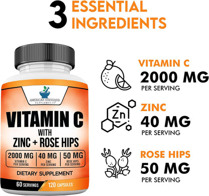 American Standard Supplements Vitamin C 2000mg, Zinc 40mg, and Rose Hips 50mg Per Serving, 120 Capsules