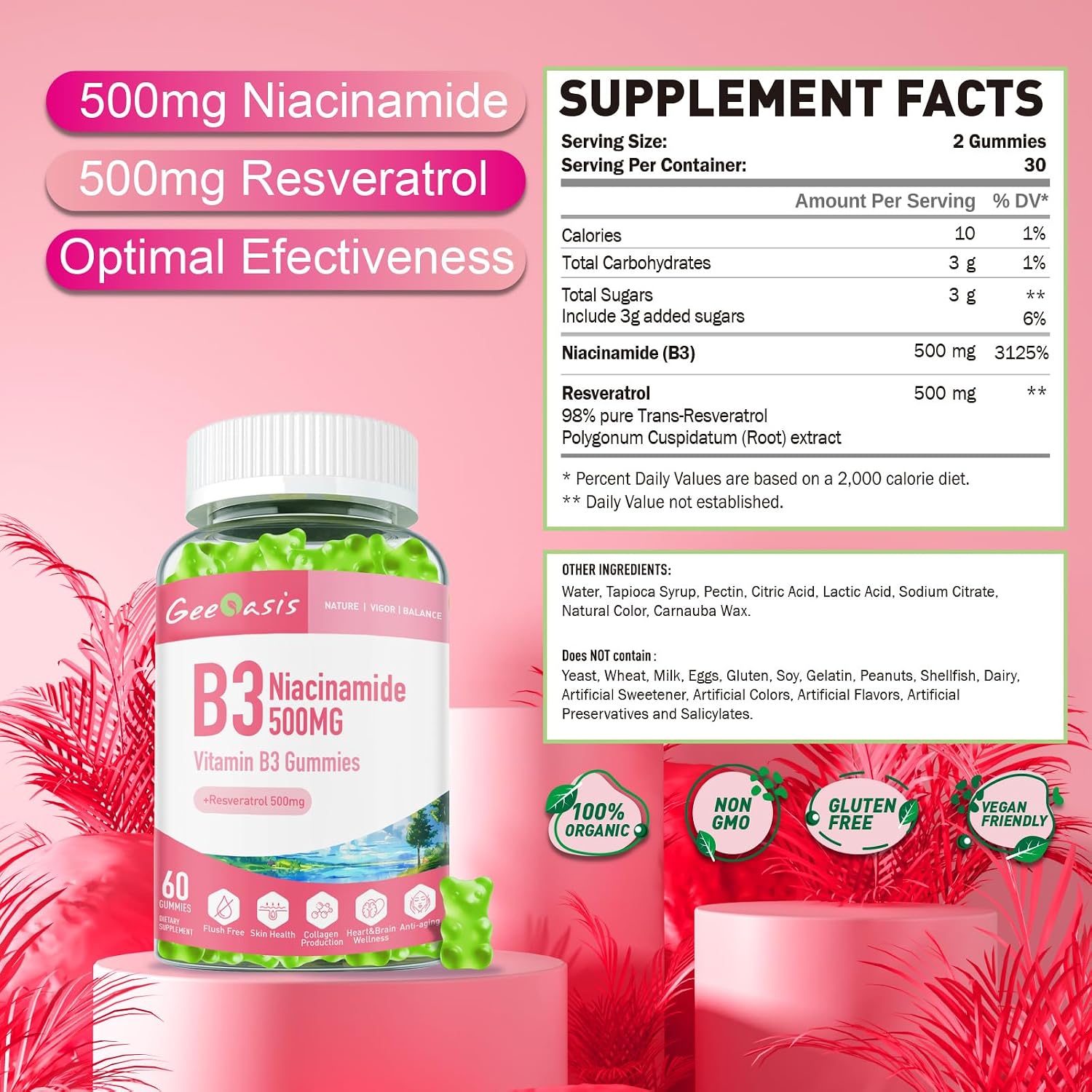Niacinamide 500mg Gummies, Chewable Vitamin B3 Supplement with Resveratrol 500mg, High Potency Niacinamide for Skin & Brain Health, Immune Support, Vegan Apple Flavour, 60 Count - görsel 2