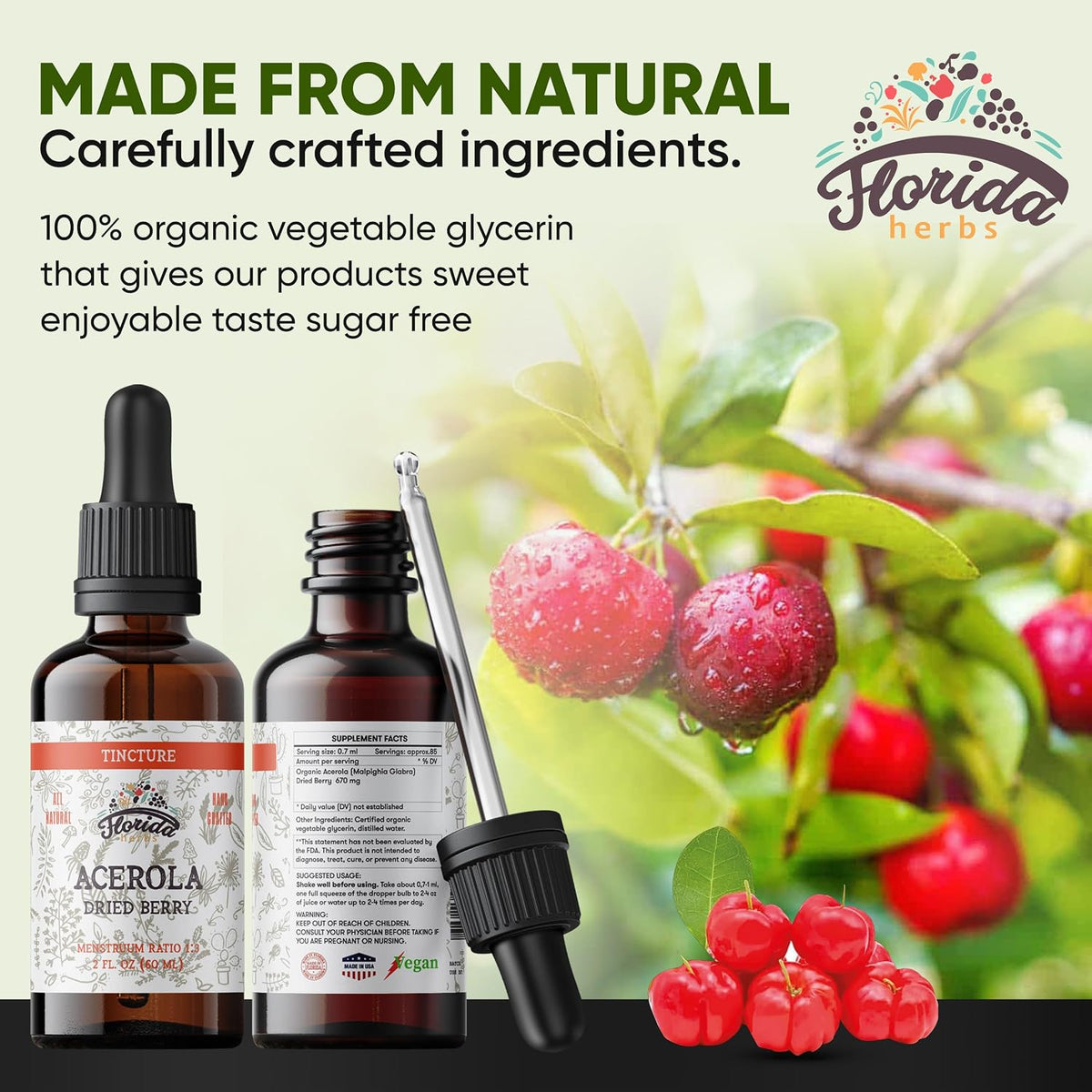 Acerola Tincture (Vitamin C) - Organic Acerola Extract (Malpighia Glabra) Dried Berry, Non-GMO in Cold-Pressed Organic Vegetable Glycerine - görsel 2