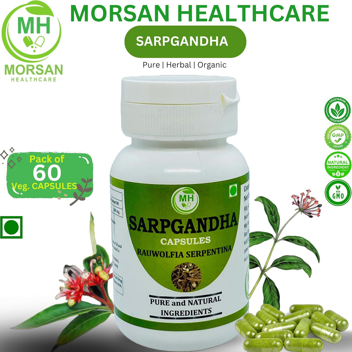 Morsan Health care Sarpgandha (Rauwolfia Serpentina) 500 mg Capsules, Pure and Herbal Food Supplement 60 Veg Capsules - görsel 4