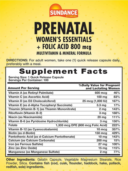 Sundance Prenatal Multivitamin with Folic Acid (800 mcg) – 100 Quick-Release Capsules