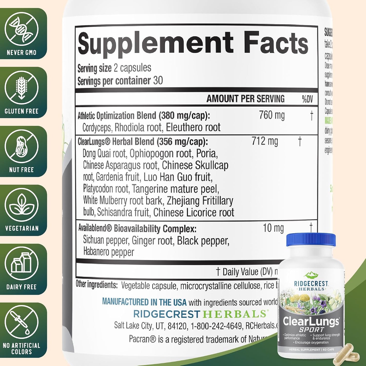 Ridgecrest Herbals ClearLungs Sport, Lung Support with Cordyceps, Rhodiola (60 Capsules) - görsel 3