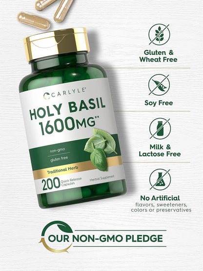 Carlyle Holy Basil Capsules | 200 Capsules | Tulsi Leaf Extract | Herbal Food Supplement
