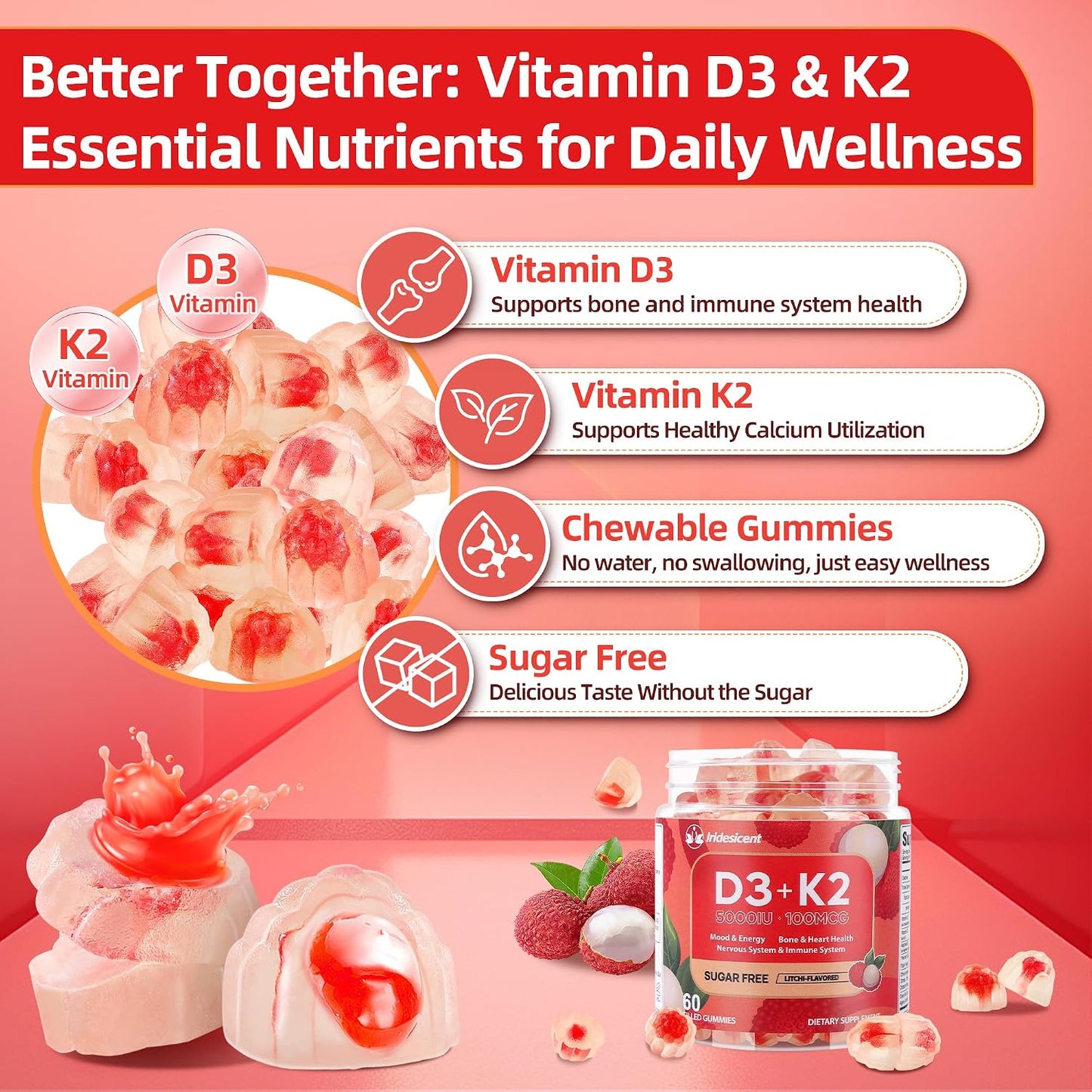 IRIDESICENT Vitamin D3 K2 Gummies - Sugar Free, Vegan, 5,000 IU D3 + 100 mcg K2 (MK-7) for Bone & Immune Support, Lychee Flavour (60 Count) - görsel 4
