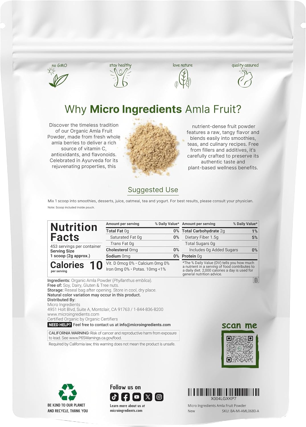 Micro Ingredients Organic Amla Powder (Amalaki) - 907g, India Origin Gooseberry Powder - görsel 2