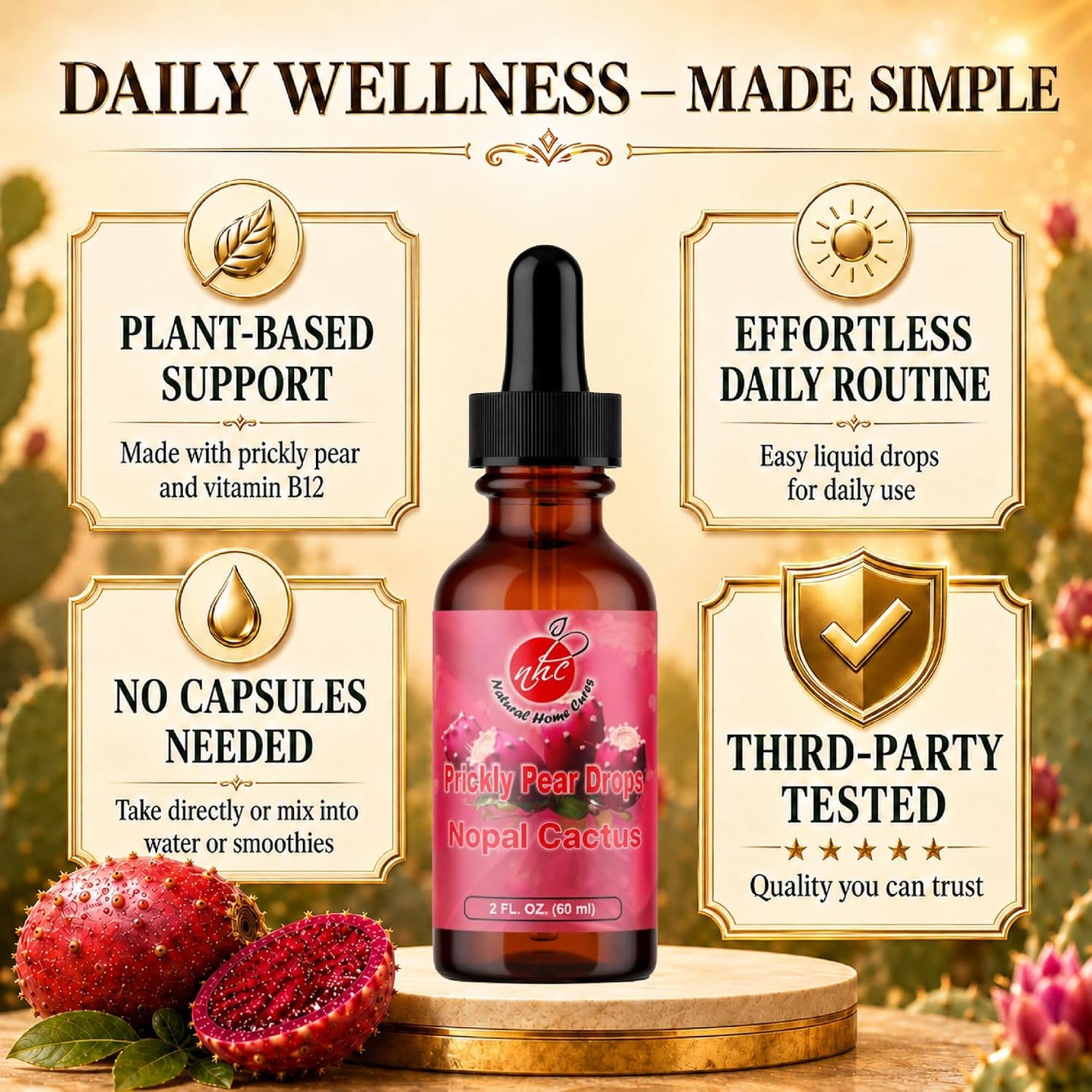 Prickly Pear Drops with Vitamin B12 - Nopal Cactus Fruit Concentrate, Liquid Supplement with Betalains & Plant Nutrients, 3 Bottles (180 Servings) - görsel 2