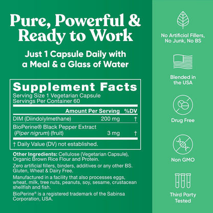 Eu Natural Pure DIM 200mg Supplement – Oestrogen Hormone Balance – with BioPerine – 60 Vegan Soft Capsules