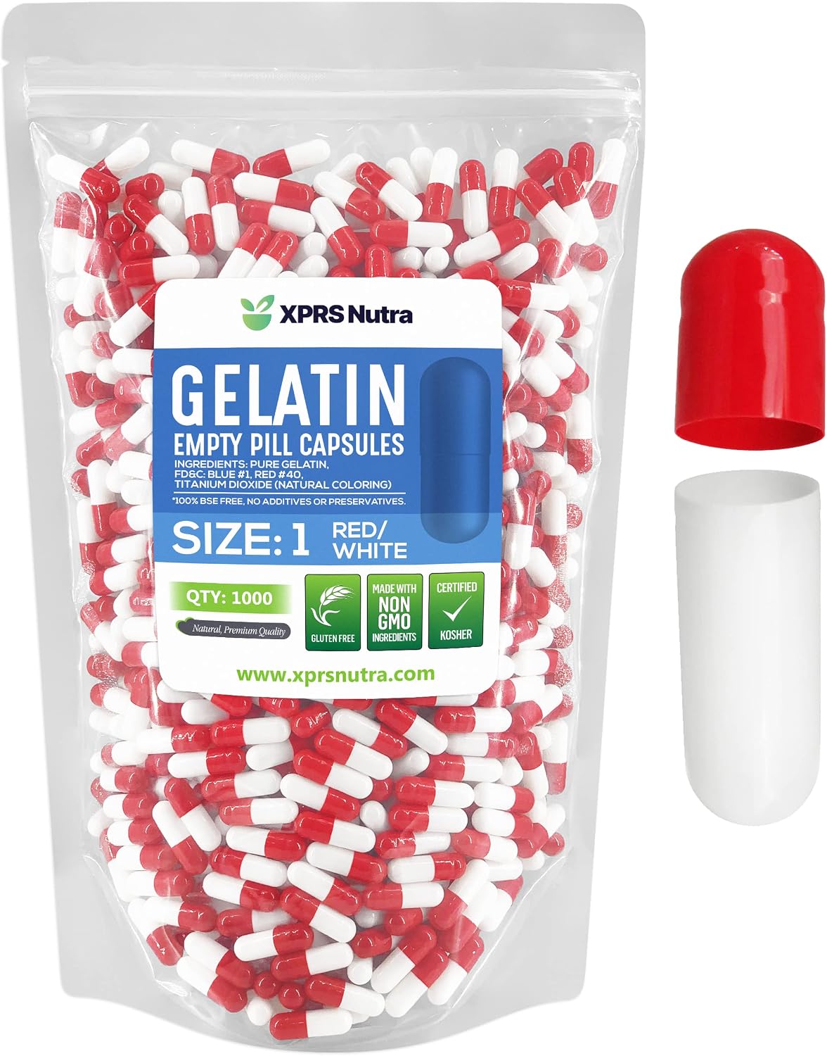 XPRS Nutra Size 1 Empty Gelatine Capsules - 1000 Count - DIY Capsule Filling - Bovine Gelatine (Red/White) - görsel 1